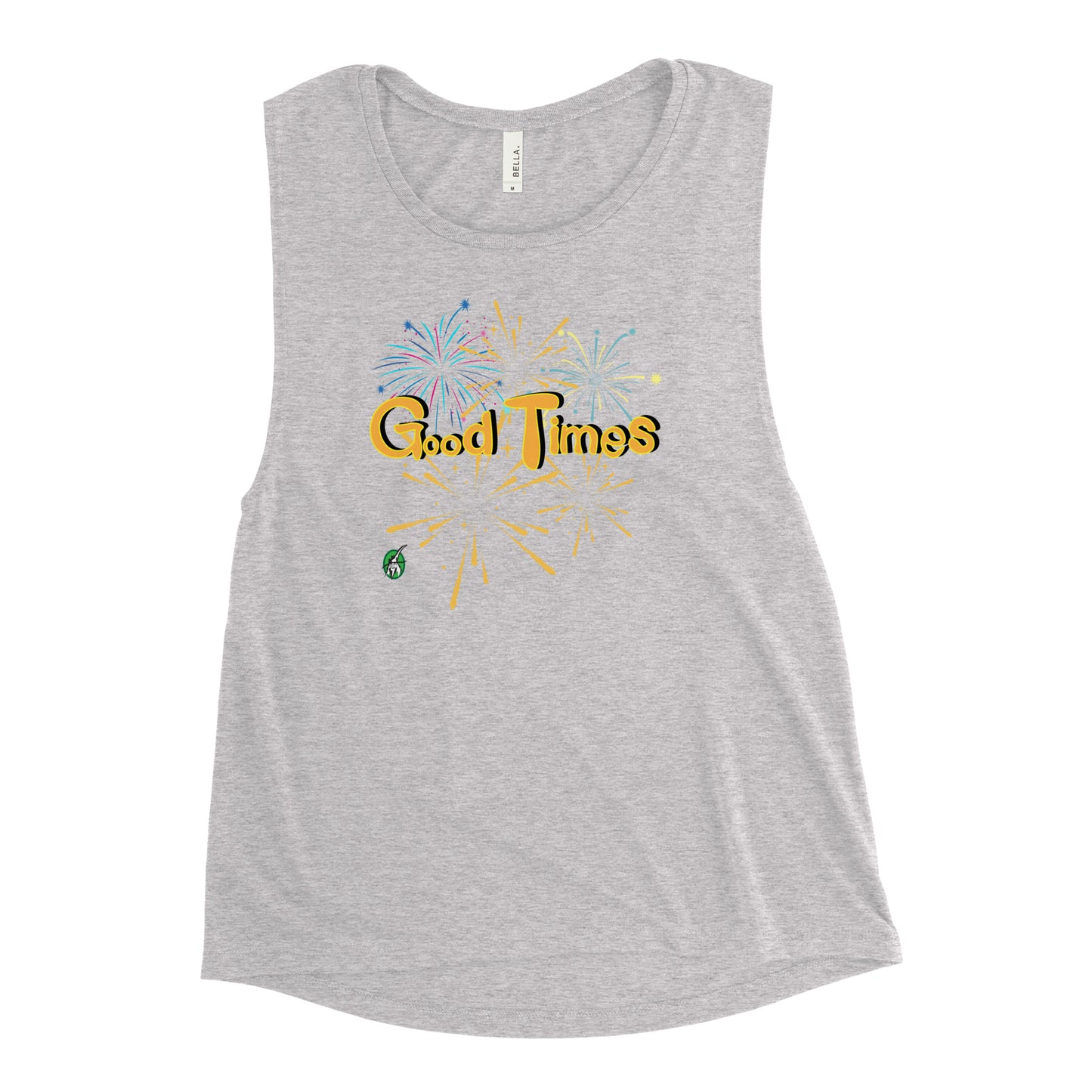 Women's grey tank top by Wizard Prints with a printed graphic of fireworks with the words, 'Good Times'.