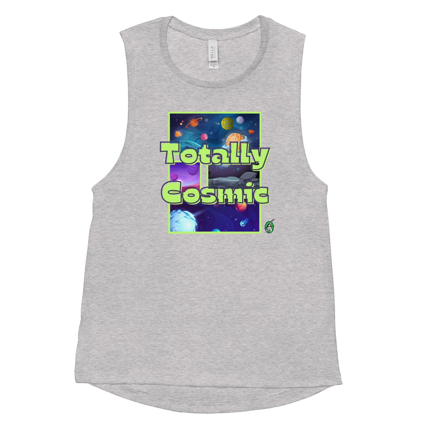 Women's grey tank top by Wizard Prints with a printed graphic of colorful planets in the background with the words “Totally Cosmic” on top.