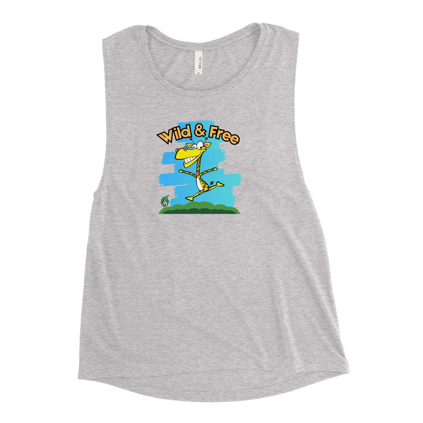 Women's grey tank top by Wizard Prints with a printed graphic of a happy running giraffe with the words, Wild & Free.