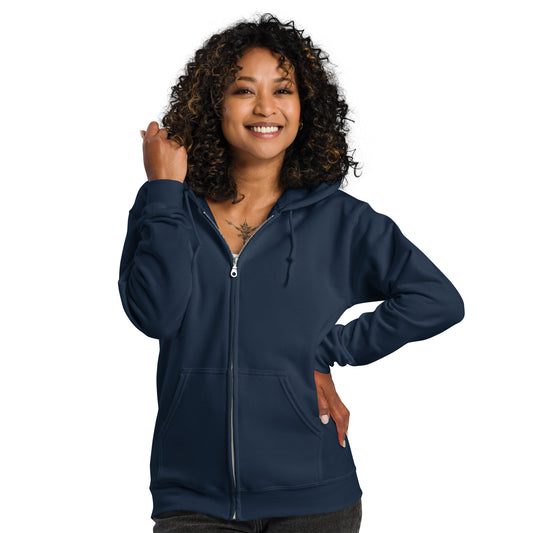 A lady standing wearing a navy zip through hoodie by Wizard Prints Shop