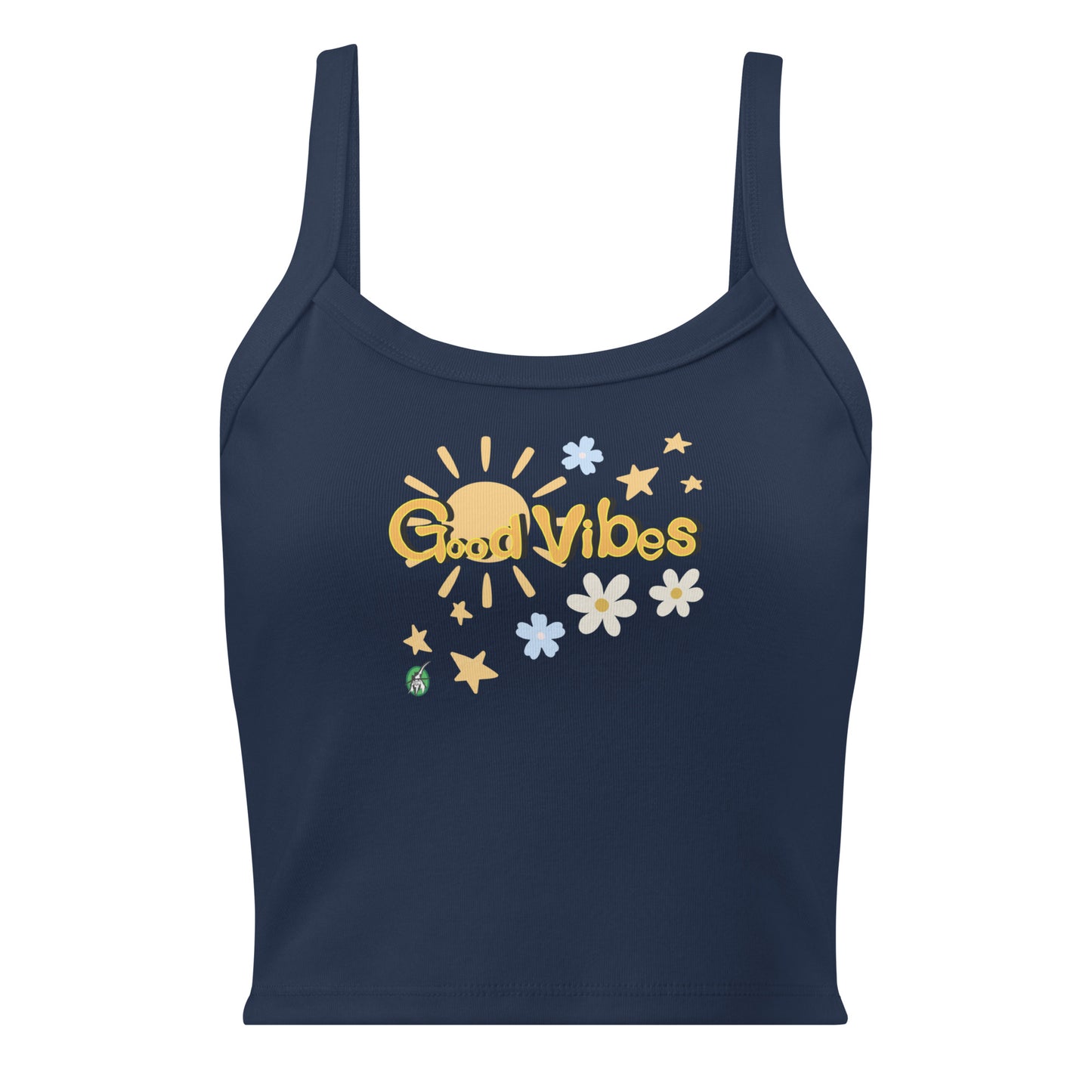 Women's navy tank top by Wizard Prints with a printed graphic of the sun, stars, flowers and the words, 'Good Vibes'.