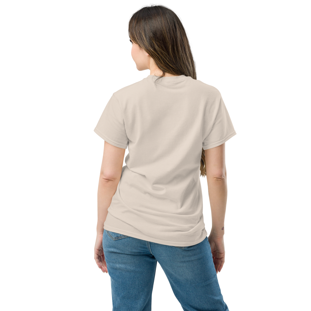 Back view of a women's beige t-shirt by Wizard Prints Shop