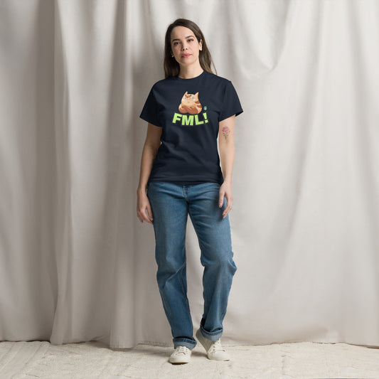 A woman standing and wearing a navy t-shirt with a printed graphic of a cat with the words, 'FML!'. Designed by Wizard Prints.