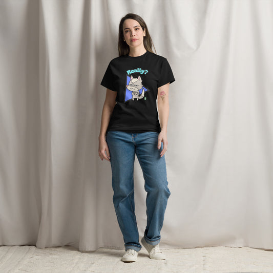 A woman standing wearing a black t-shirt with a printed graphic of a grumpy fox with the word, 'Really?'. Designed by Wizard Prints.