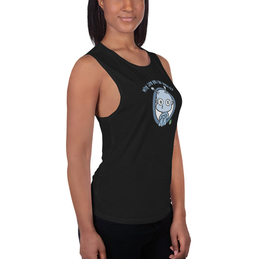 A woman standing wearing a black tank top by Wizard Prints with a printed graphic of an alien and the question, Why are you so weird?