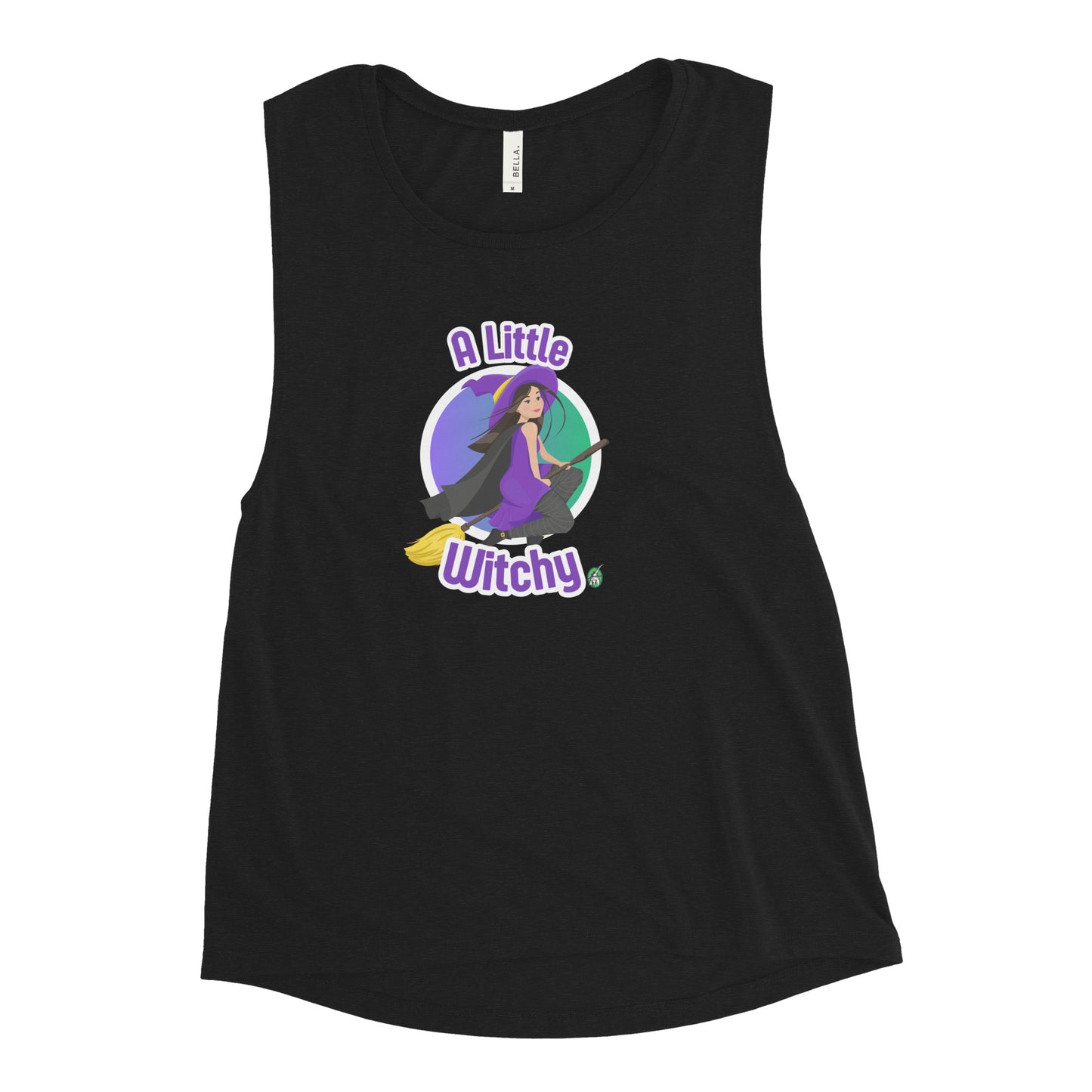 Women's black tank top by Wizard Prints with a printed graphic of a witch riding a flying broom, with the text, A Little Witchy.