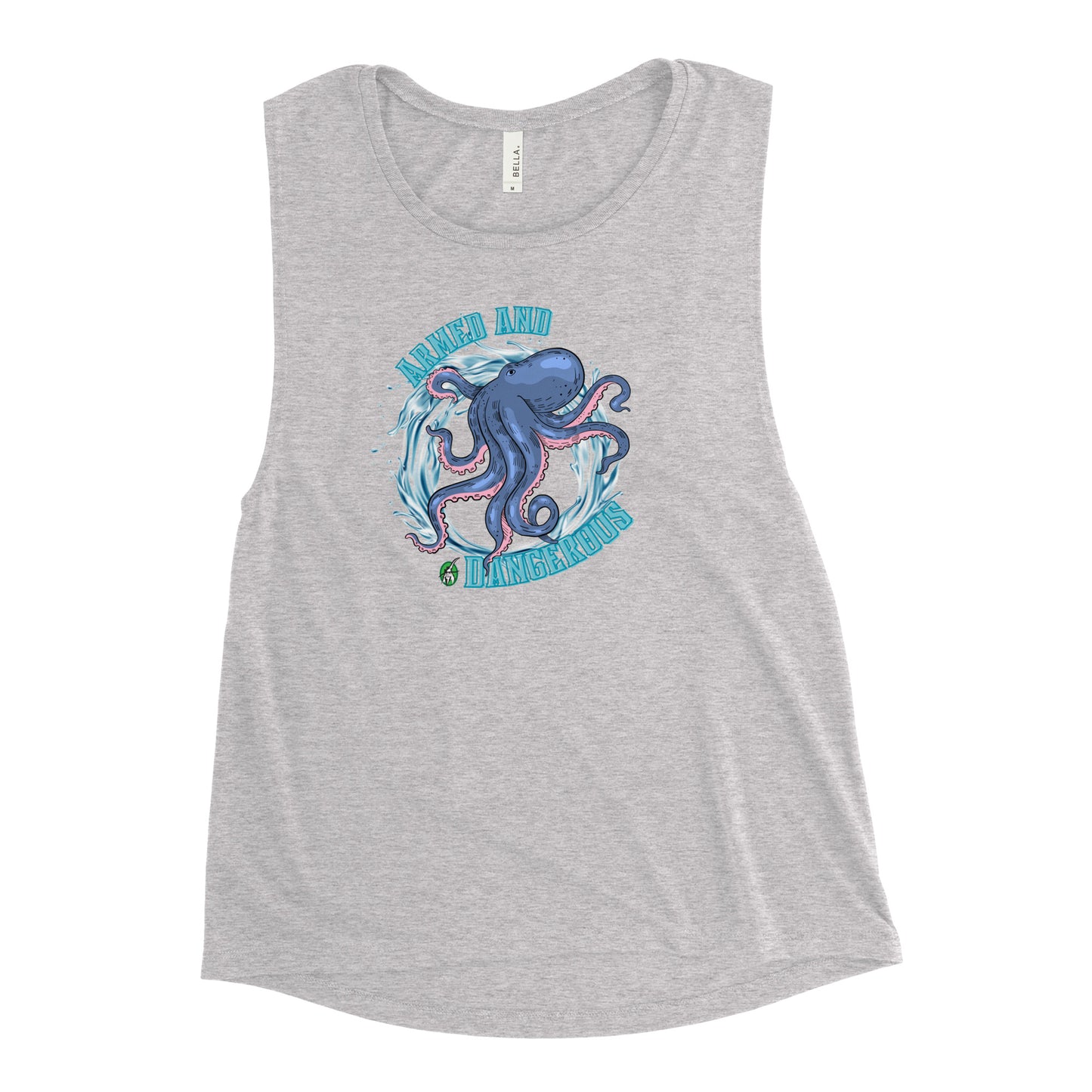 Women's grey tank top by Wizard Prints with a printed graphic of a blue octopus and the words, Armed and dangerous.
