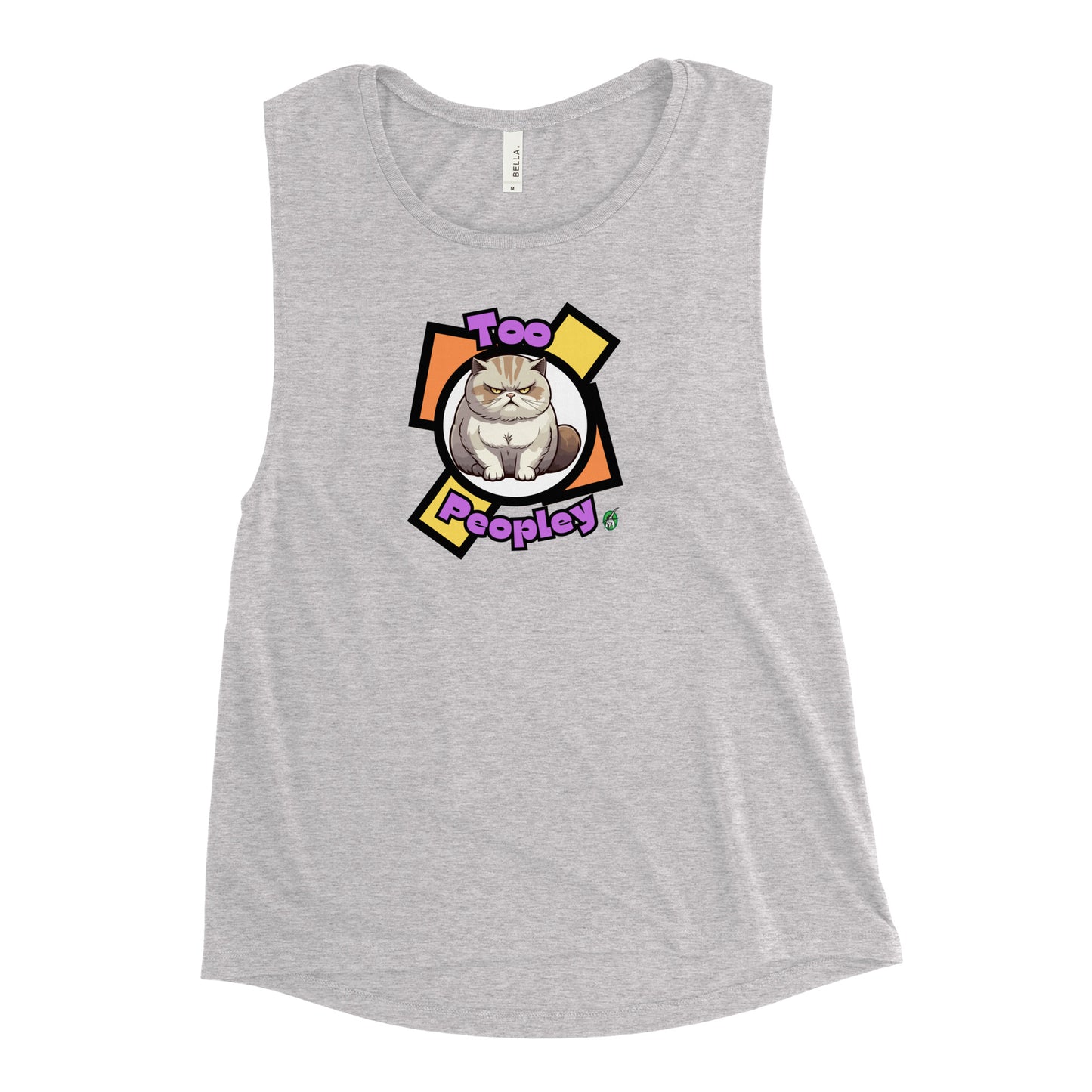 Women's grey tank top by Wizard Prints with a printed graphic of a grumpy cat with the words, 'Too Peopley'