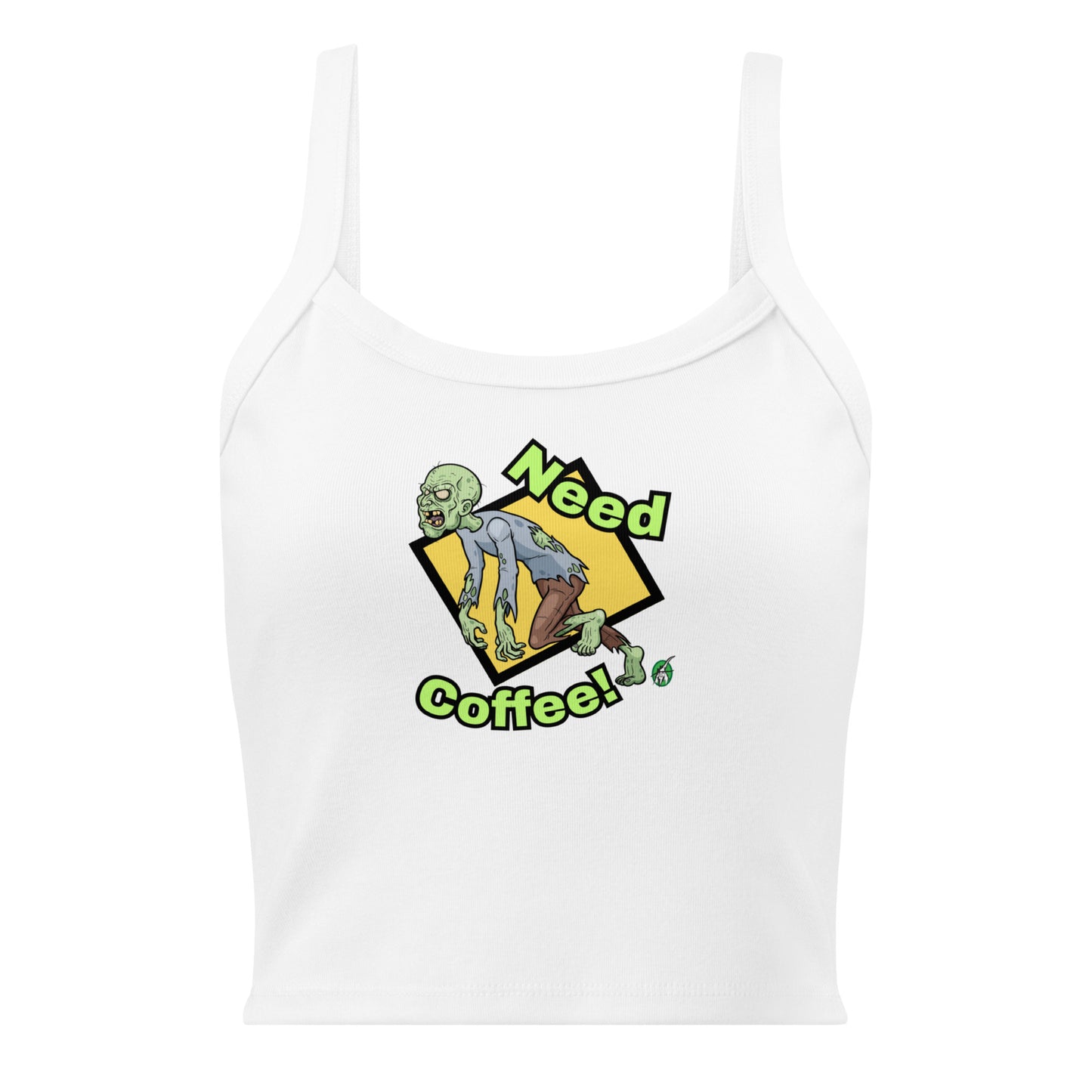Women's white tank top by Wizard Prints with the printed graphic of a zombie with the words, Need Coffee!