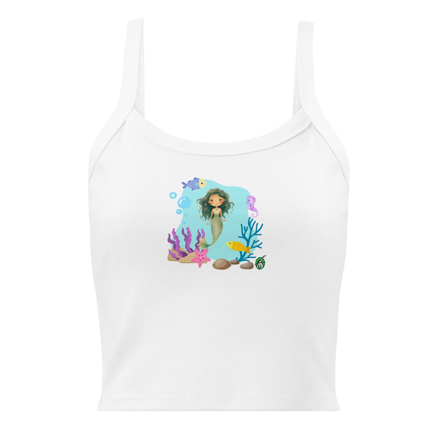 Women's white tank top by Wizard Prints with the printed graphic of a mermaid surrounded by sea creatures and water.