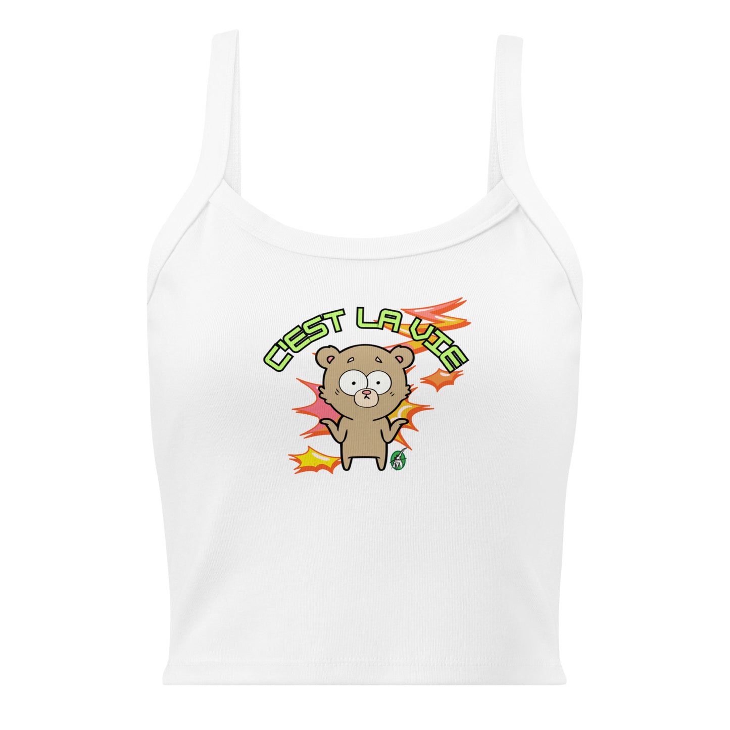 Women's white tank top by Wizard Prints with the printed graphic of a shrugging bear and the statement, C'est La Vie.