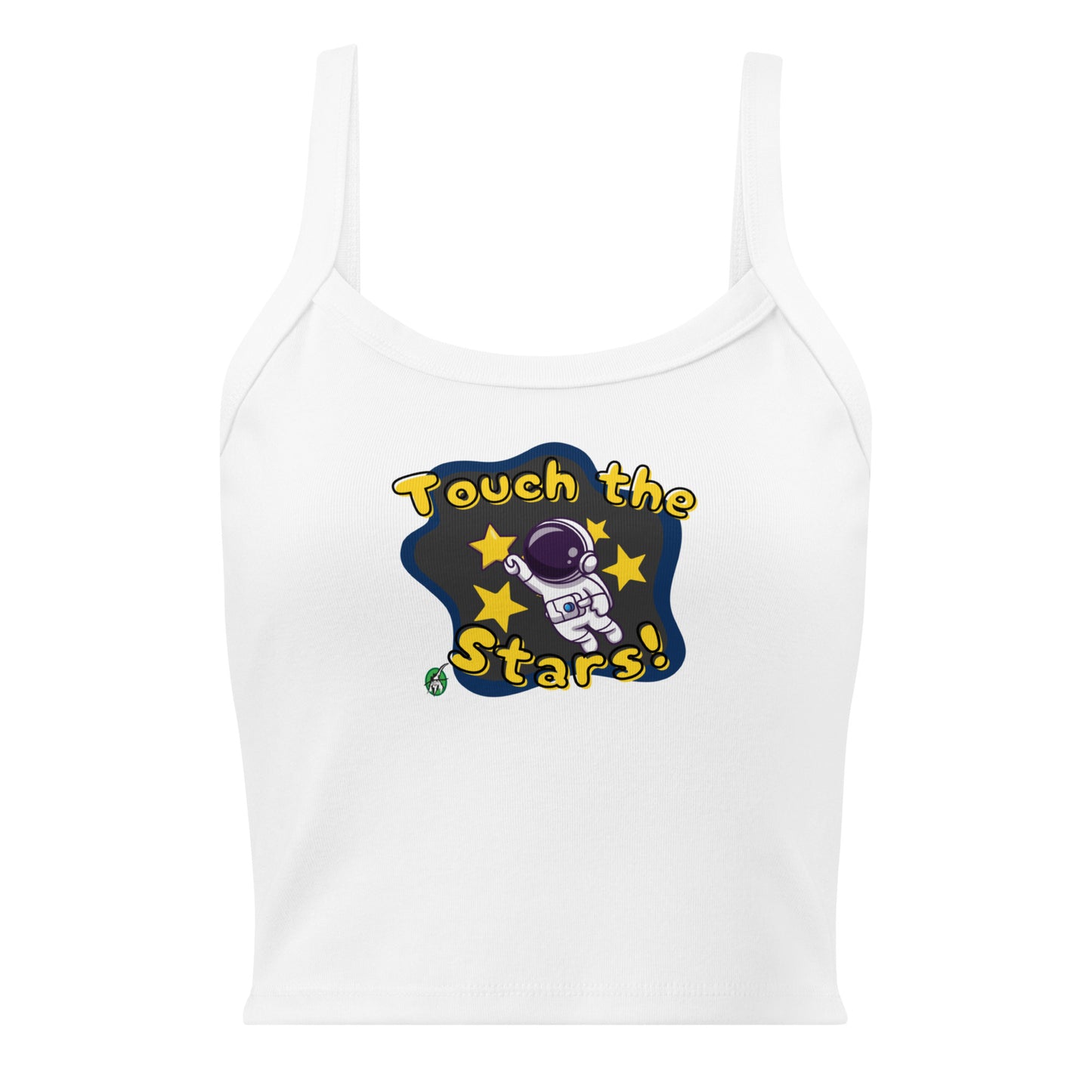Women's white tank top by Wizard Prints with the printed graphic of a cartoon astronaut and the words, 'Touch the Stars'.