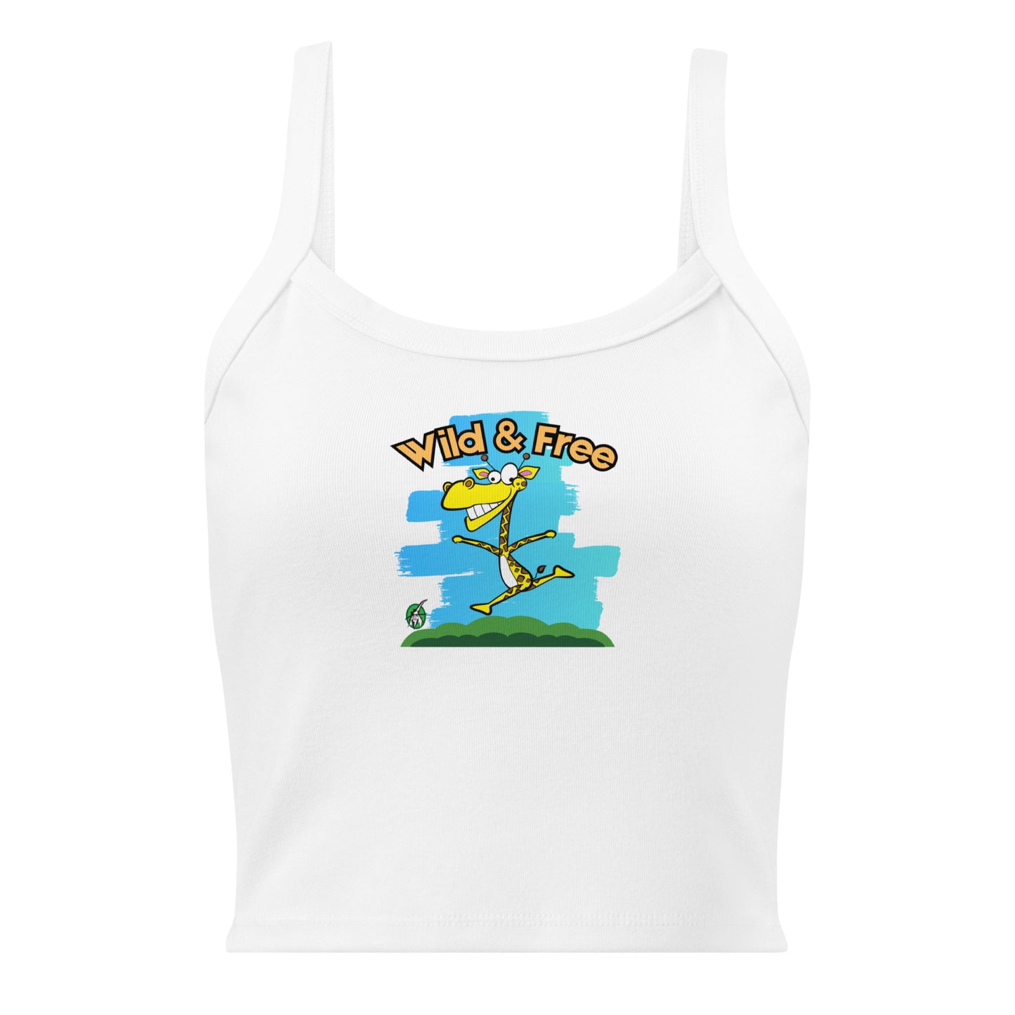 Women's white tank top by Wizard Prints with the printed graphic of a happy running giraffe with the words, Wild & Free.