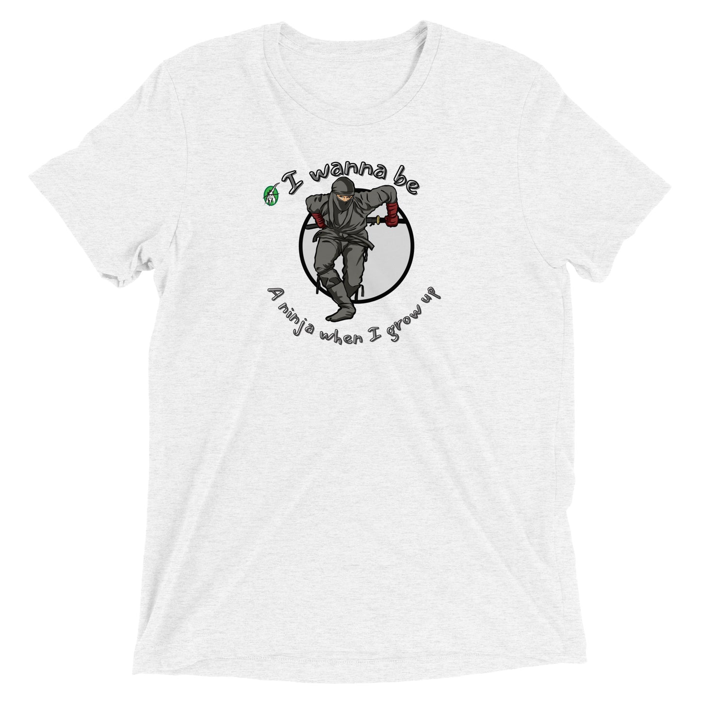 Women's white t-shirt by Wizard Prints featuring a printed graphic of a ninja with the words, I wanna be a ninja when I grow up.