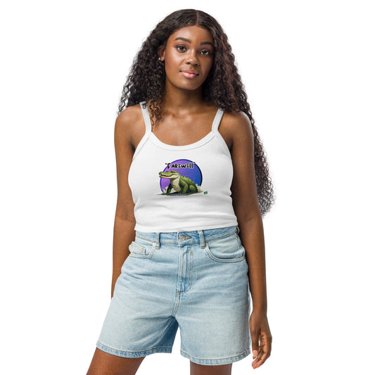 A woman standing wearing a white tank top by Wizard Prints with a printed graphic of a blue octopus and the words, Armed and dangerous.