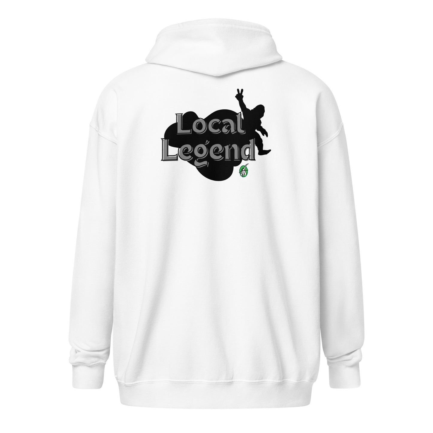 Women's white zip-through hoodie with graphic of a Bigfoot's shadow with the words, 'local legend' by Wizard Prints