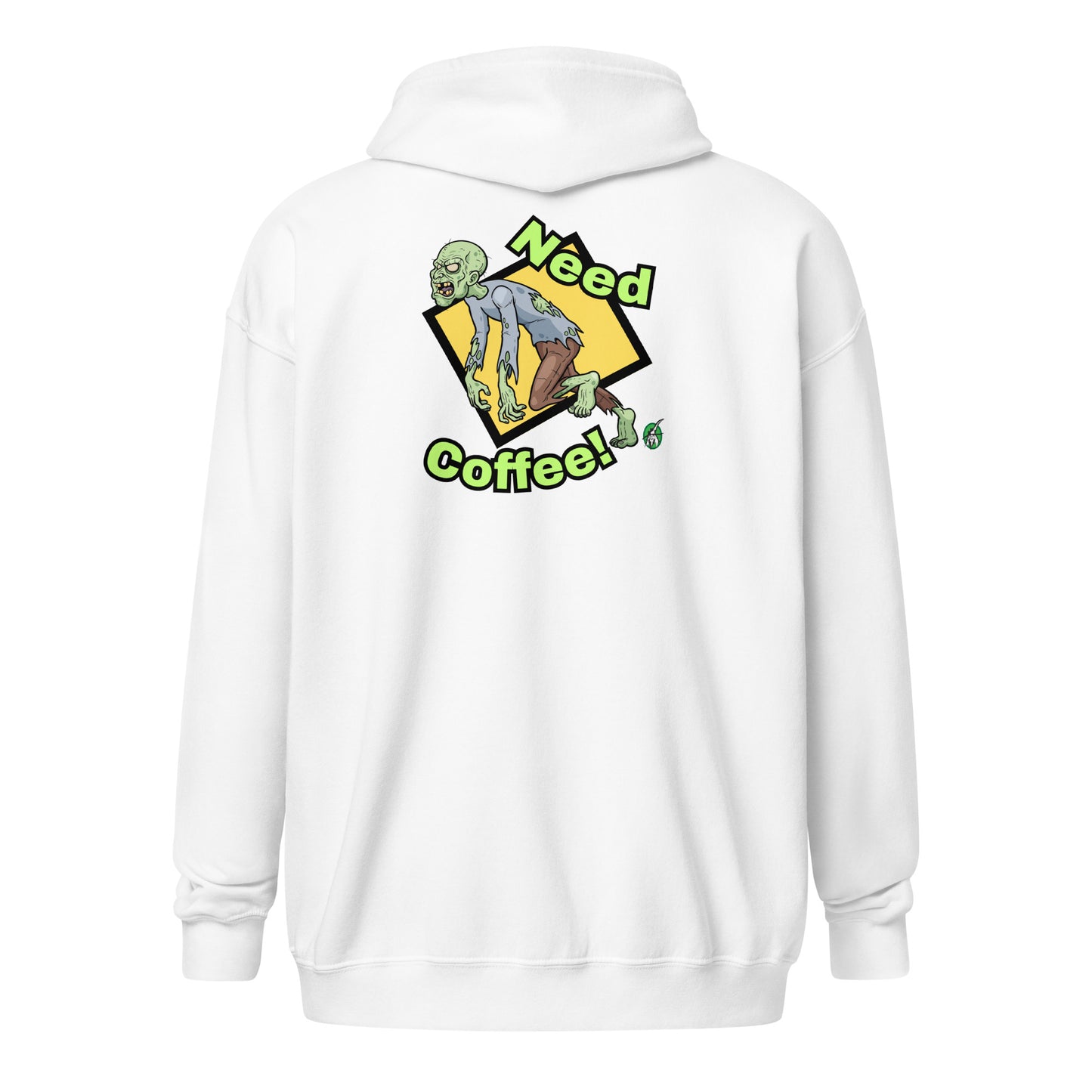 Women's white zip-through hoodie with a funny graphic of a zombie saying, 'Need Coffee' by Wizard Prints