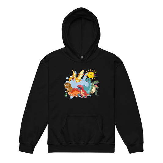 A Wizard Prints kids hoodie in black with a printed graphic on the front of a group of cartoon dinosaurs