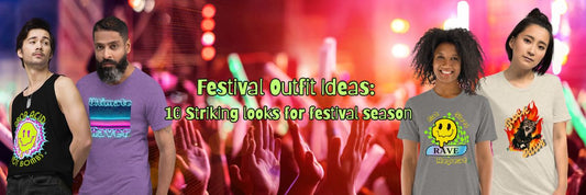  Men and Women standing in front of a background scene at a gig, wearing graphic t-shirts for festival outfit ideas and the words '10 Striking Looks for Festival Season'