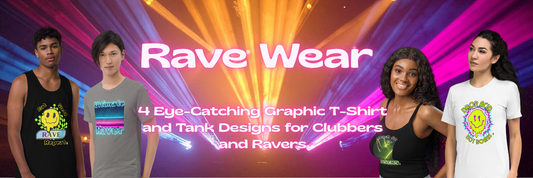Colourful laser light display with male and female models wearing rave T-shirts and tanks. With the title: Rave Wear: 4  Eye-Catching Graphic T-Shirt and Tank Designs for Clubbers and Ravers 