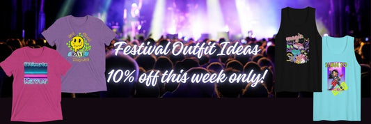 Festival Outfit Ideas: 10% off this week only. 2 graphic tanks and 2 graphic T-shirts against a concert background.