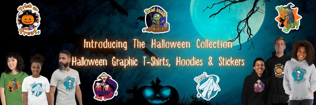 Spooky Background with colourful monster designs on T-shirts, hoodies and stickers