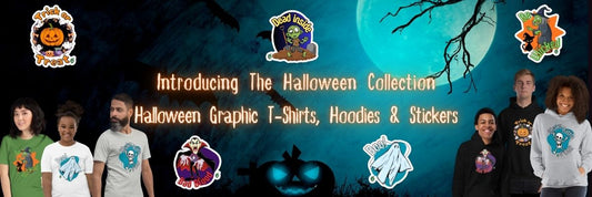 Spooky Background with colourful monster designs on T-shirts, hoodies and stickers