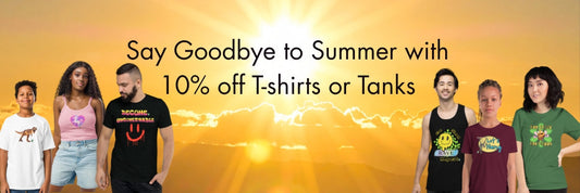 Men, women and children wearing graphic T-shirts and hoodies on a sunshine background