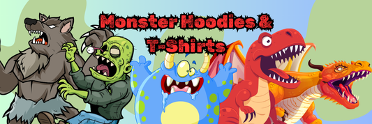 "Monster Hoodie and T-Shirts Title with colourful cartoon werewolf, zombie, funny monster, T-rex and dragon graphics