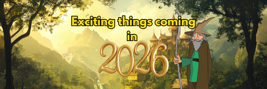 Cartoon wizard standing in front of woodland fantasy scene featuring a castle and the title "Exciting things coming in 2026