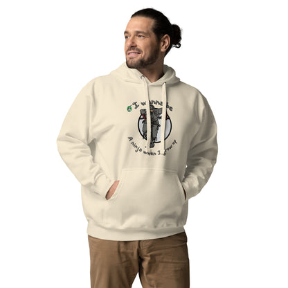 A man standing wearing a beige hoodie with a printed graphic of a ninja with the words, I wanna be a ninja when I grow up. Designed by Wizard Prints