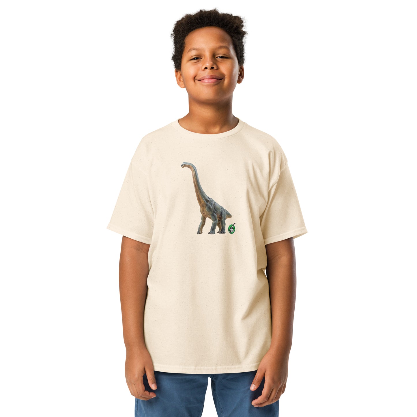 Kids' beige t-shirt featuring a printed graphic of a life like brachiosaurus, designed by Wizard Prints.