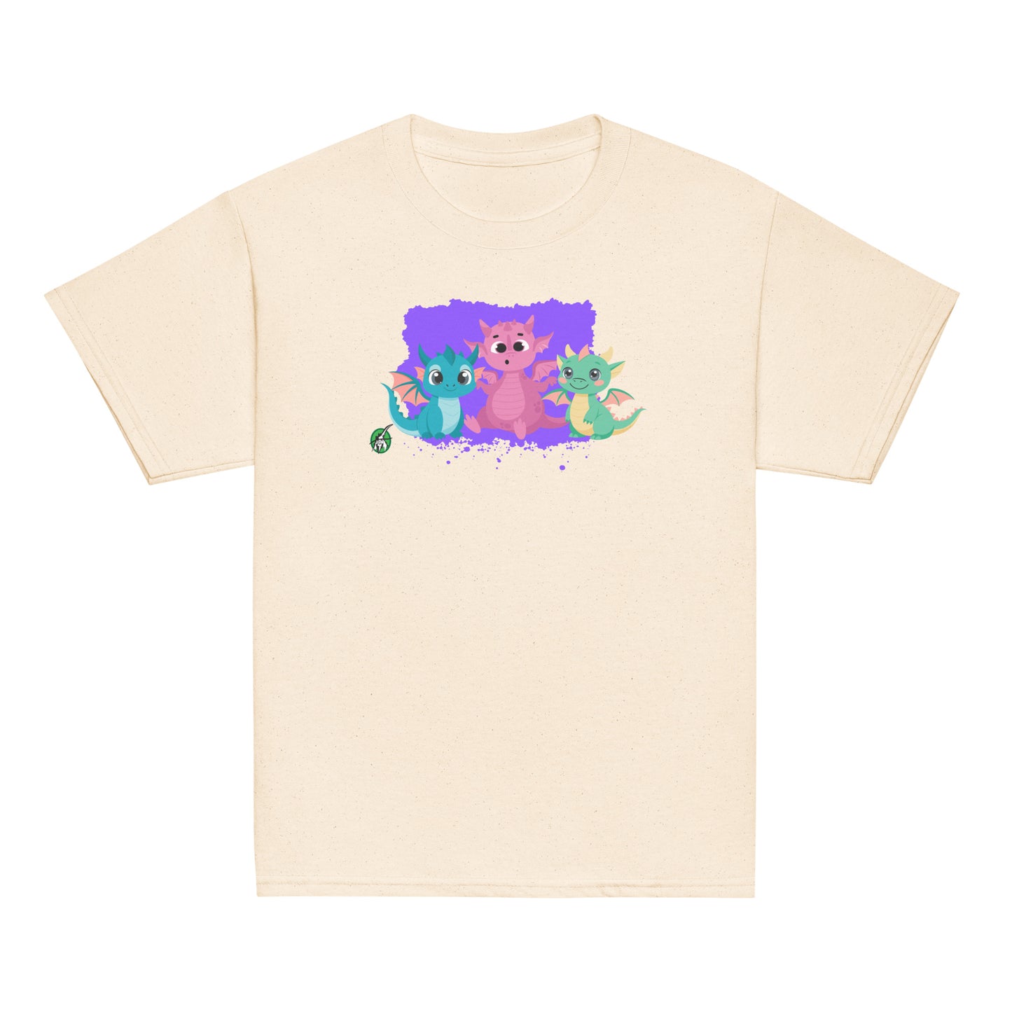 Kids' beige t-shirt featuring a printed graphic of colorful dragons, designed by Wizard Prints.