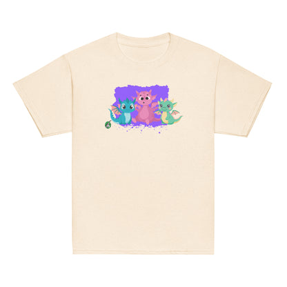 Kids' beige t-shirt featuring a printed graphic of colorful dragons, designed by Wizard Prints.