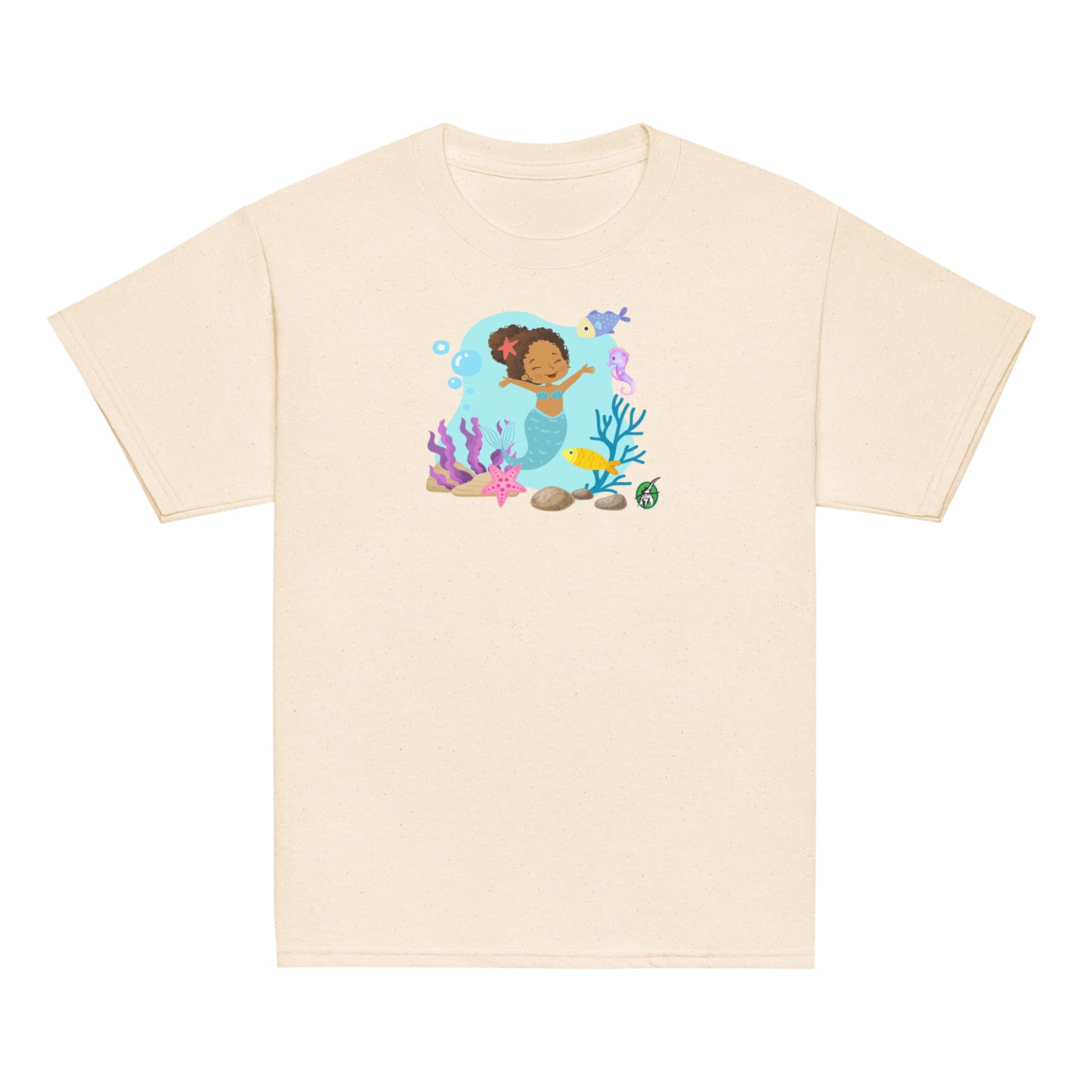 Kids' beige t-shirt featuring a printed graphic of a curly mermaid surrounded by sea creatures and water, designed by Wizard Prints.