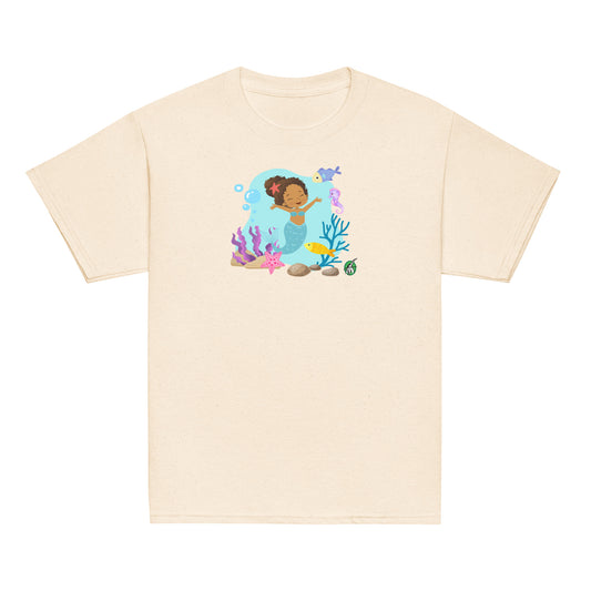 Kids' beige t-shirt featuring a printed graphic of a curly mermaid surrounded by sea creatures and water, designed by Wizard Prints.