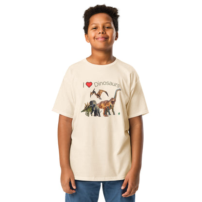 A boy standing and wearing a beige t-shirt featuring a printed graphic of life like dinosaurs and the words, I love Dinosaurs, designed by Wizard Prints.