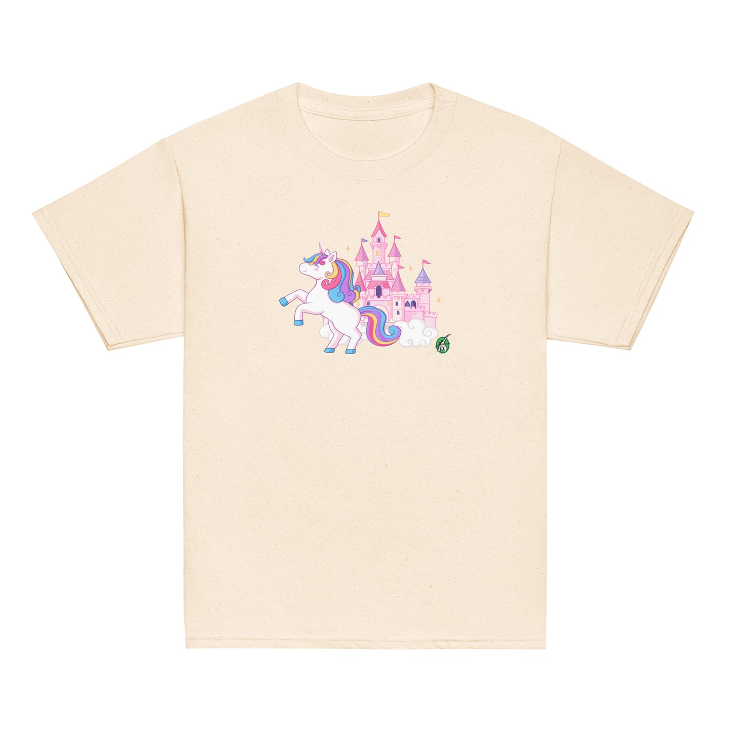 Kids' beige t-shirt featuring a printed graphic of a unicorn in front of a castle, designed by Wizard Prints.