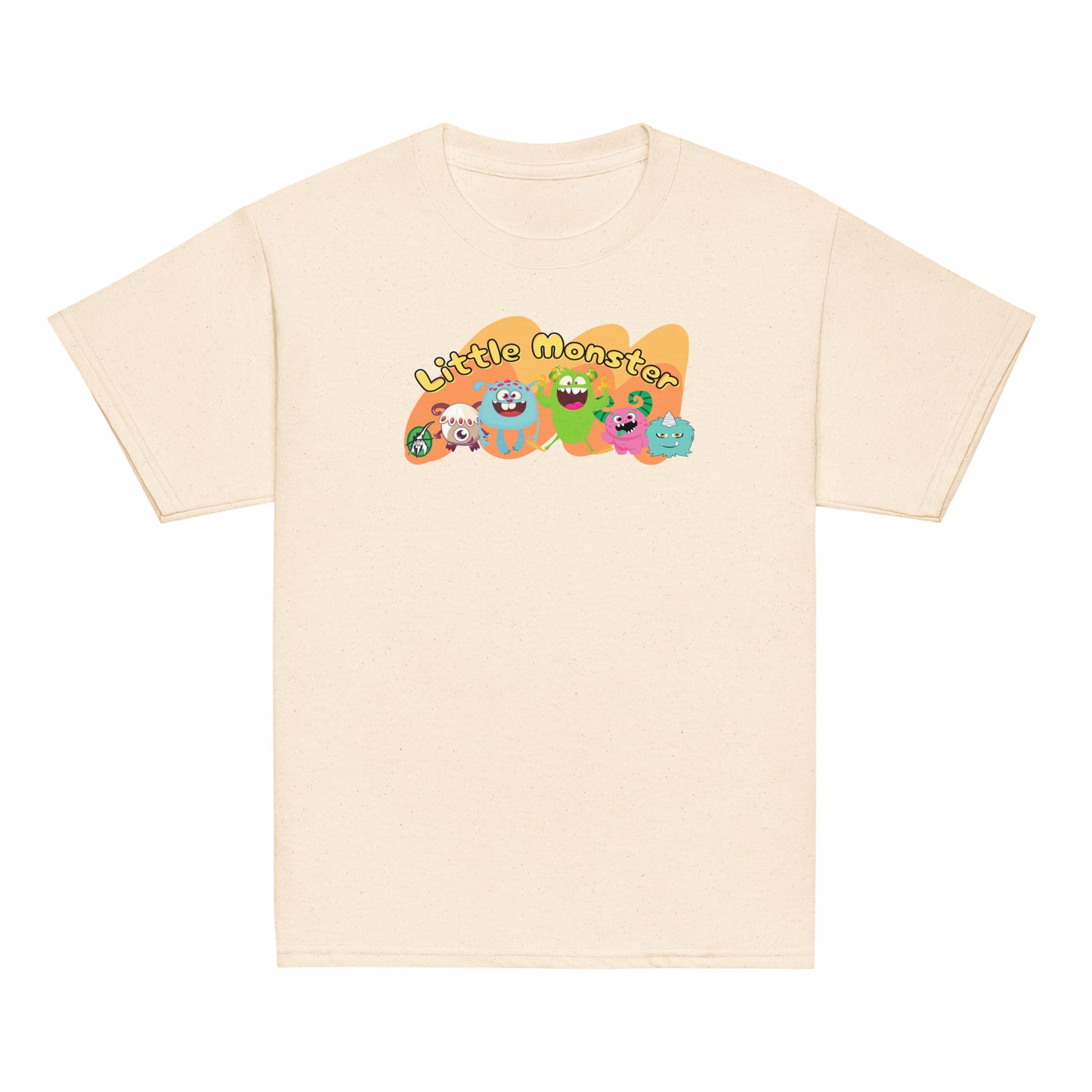 Kid's beige t-shirt with a printed graphic of colourful monsters and the words, 'Little Monster'. Designed by Wizard Prints
