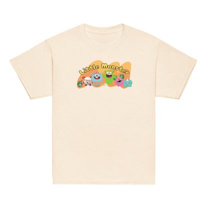 Kid's beige t-shirt with a printed graphic of colourful monsters and the words, 'Little Monster'. Designed by Wizard Prints