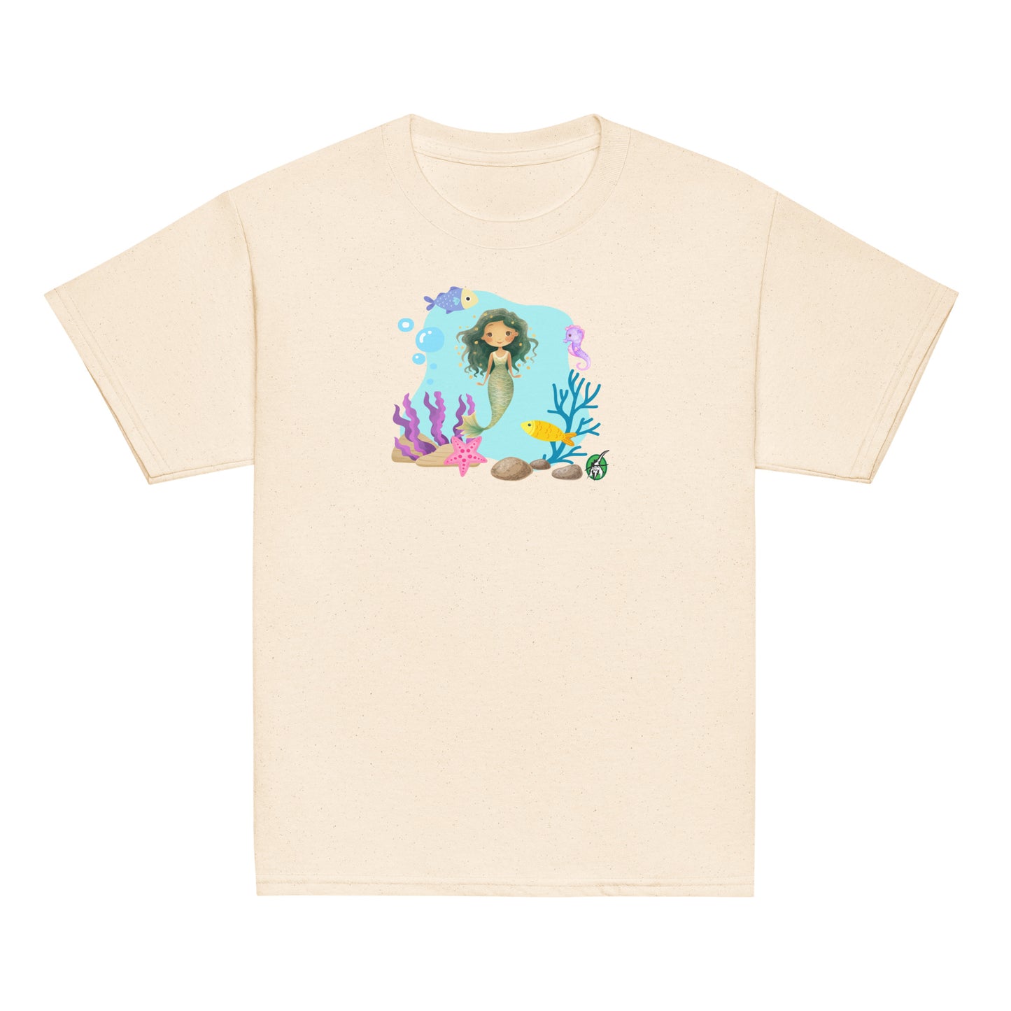 Kids' beige t-shirt featuring a printed graphic of a mermaid surrounded by sea creatures and water, designed by Wizard Prints.