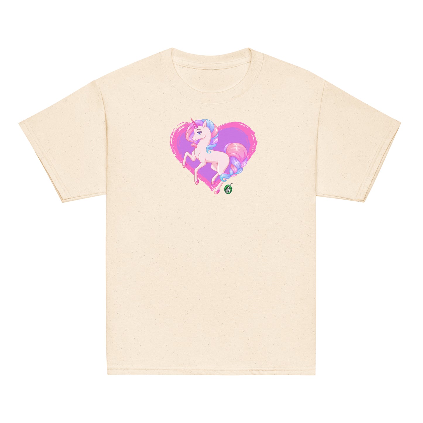 Kids' beige t-shirt featuring a printed graphic of a pink unicorn on a purple heart background, designed by Wizard Prints.
