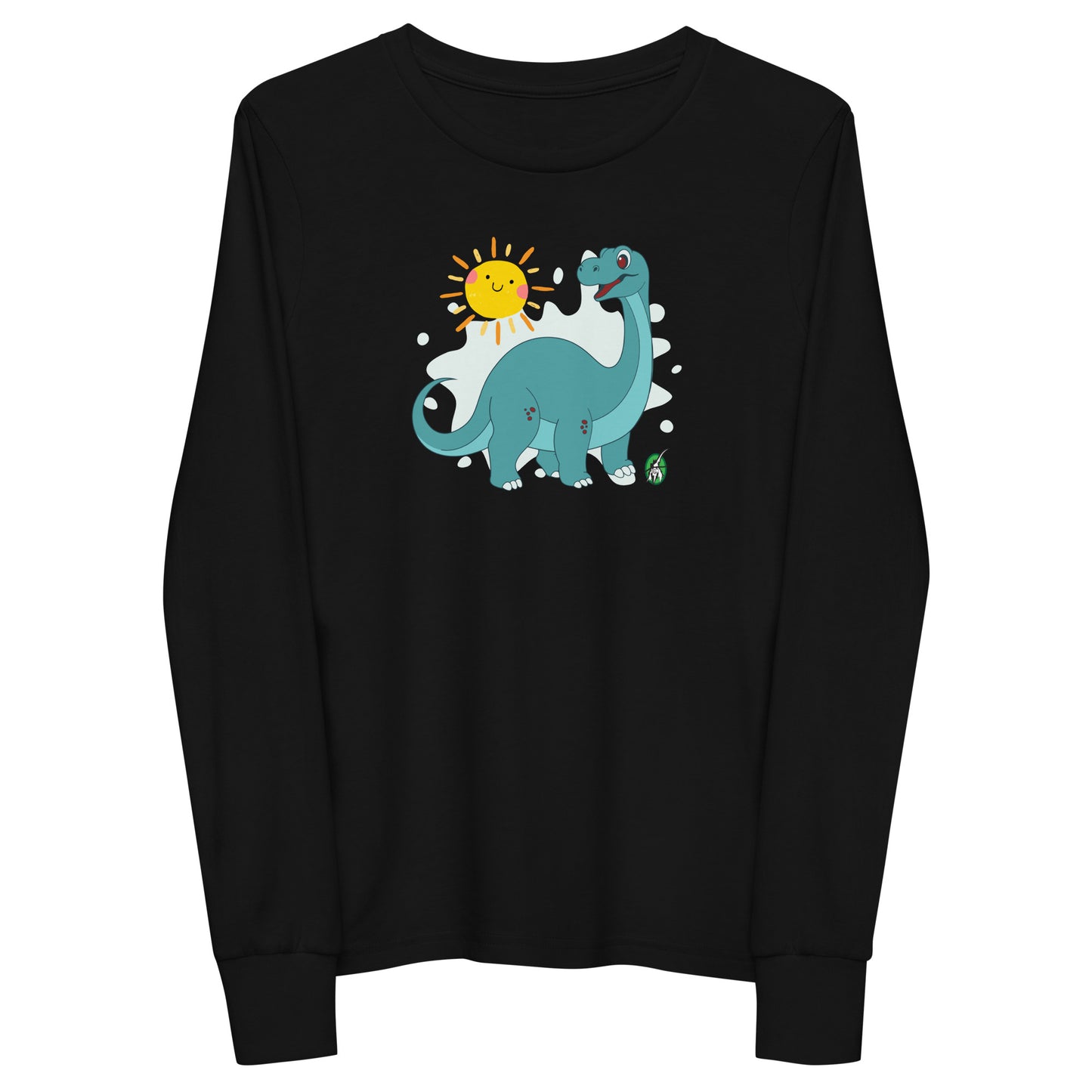 Kids' black long sleeve t-shirt with a printed graphic of a smiling brachiosaurus and the sun. Designed by Wizard Prints