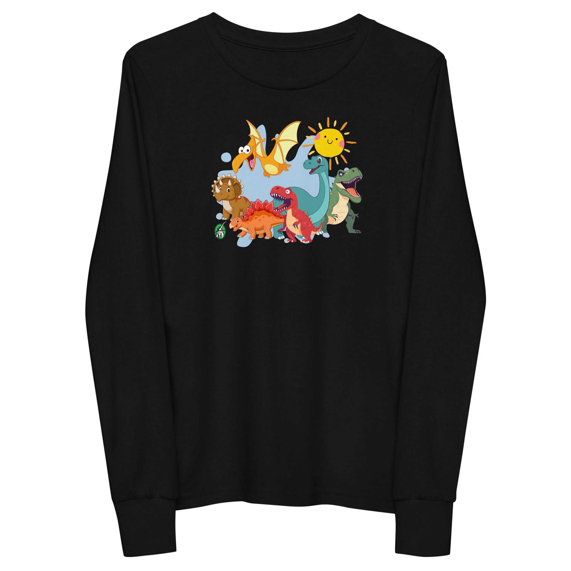 Kids' black long sleeve t-shirt with a printed graphic of different colorful dinosaur types and the sun. Designed by Wizard Prints