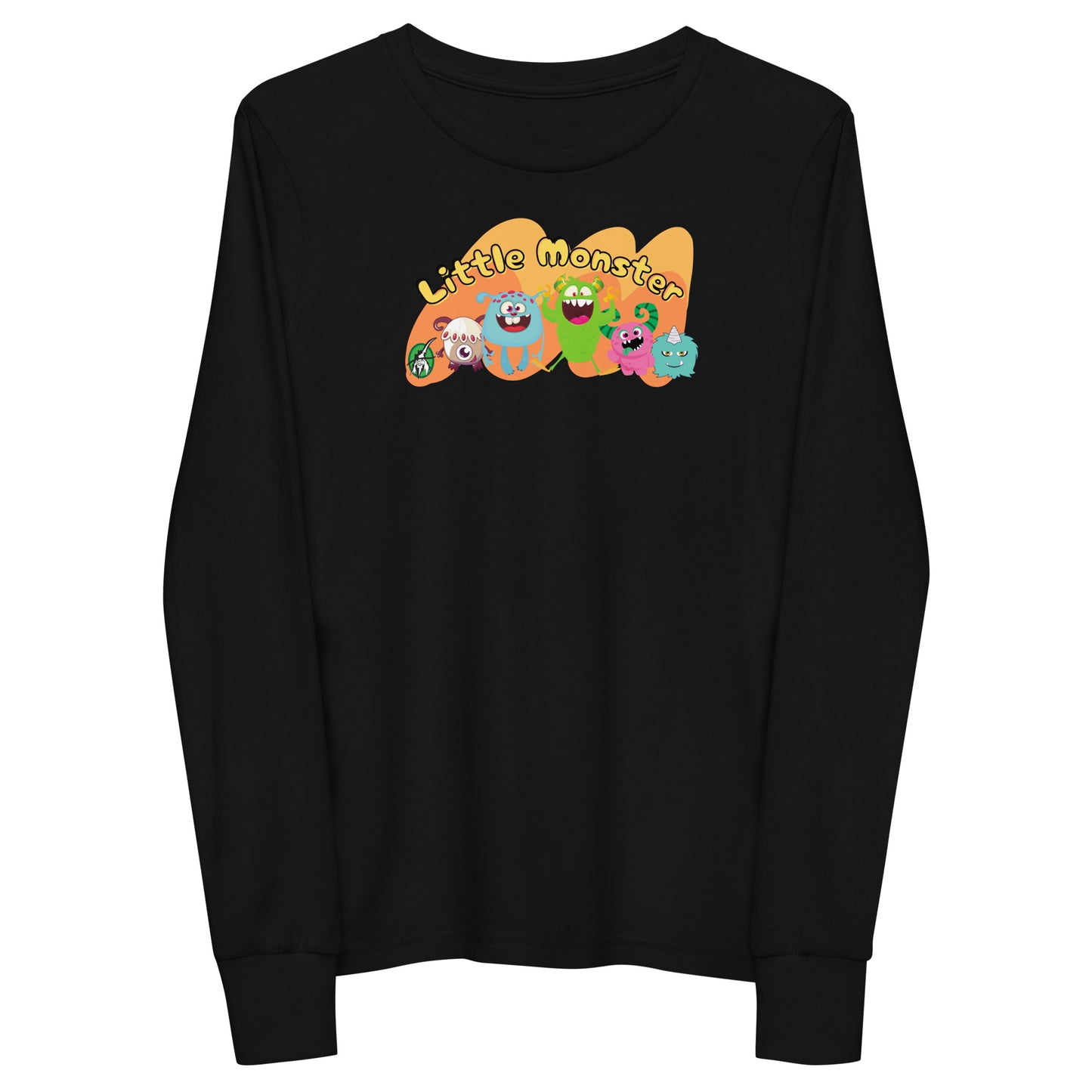 Kids' black long sleeve t-shirt with a printed graphic of colourful monsters and the words, 'Little Monster'. Designed by Wizard Prints