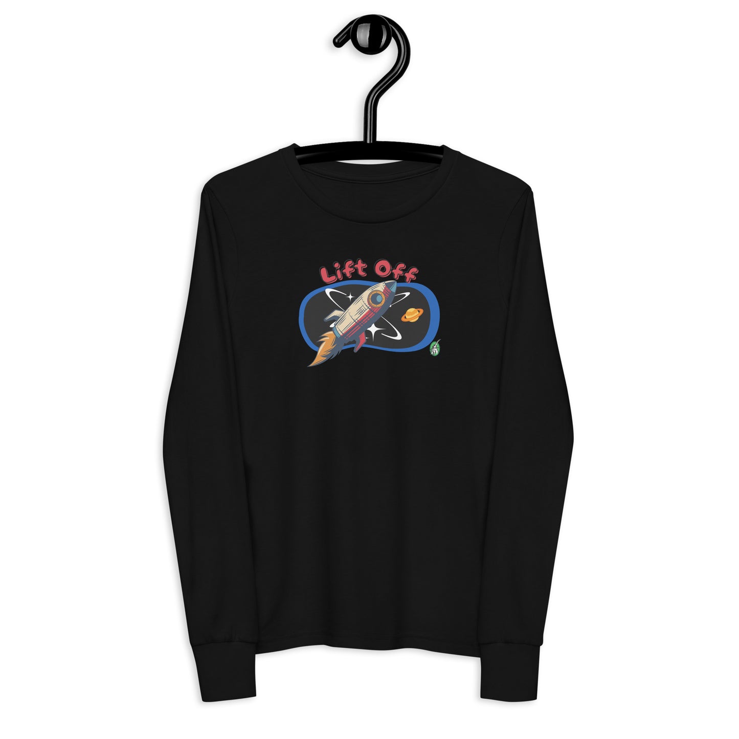 Kids' black long sleeve t-shirt with a printed graphic of a rocket and the words, 'Lift Off'. Designed by Wizard Prints