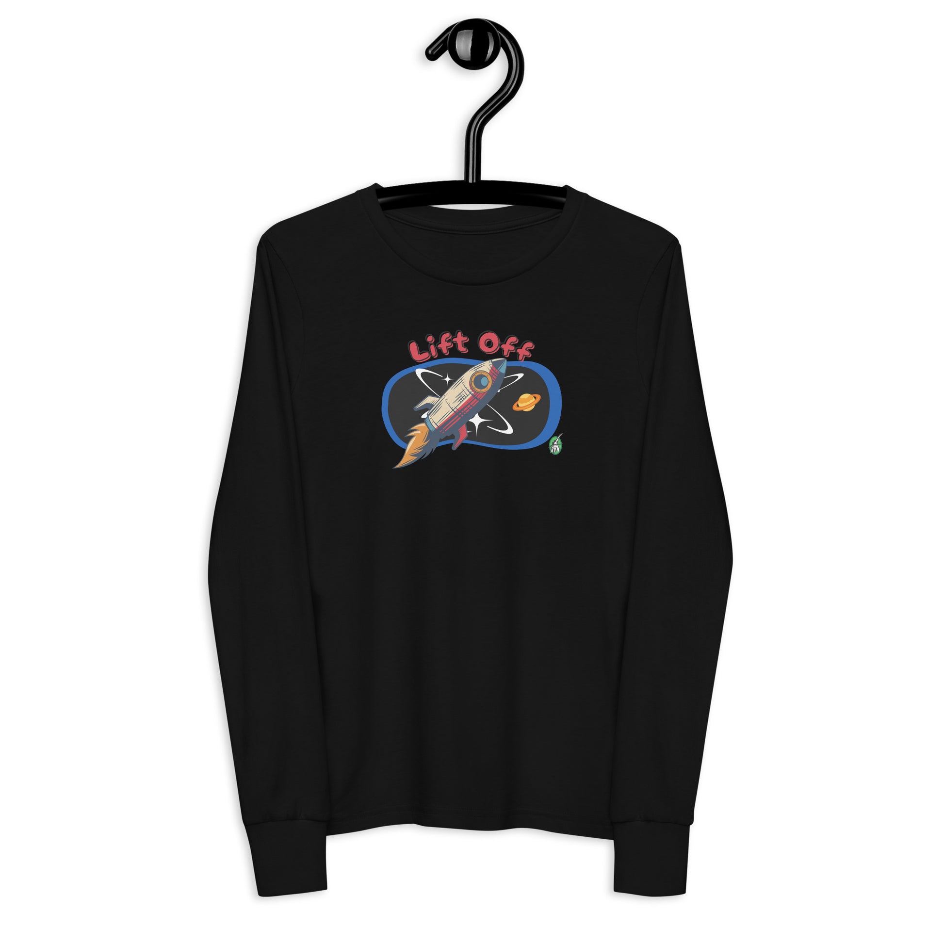 Kids' black long sleeve t-shirt with a printed graphic of a rocket and the words, 'Lift Off'. Designed by Wizard Prints