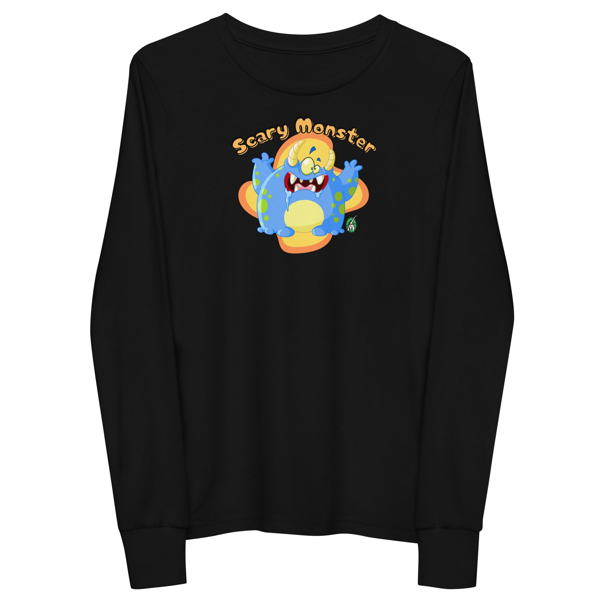 Kids' black long sleeve t-shirt with a printed graphic of a monster and the words, 'Scary Monster'. Designed by Wizard Prints