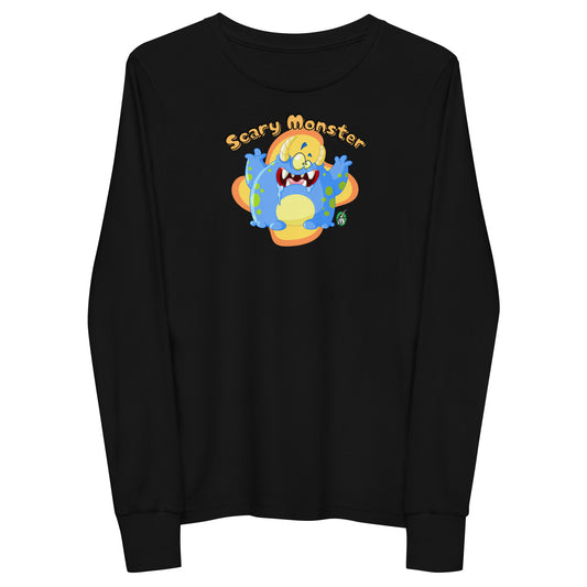 Kids' black long sleeve t-shirt with a printed graphic of a monster and the words, 'Scary Monster'. Designed by Wizard Prints
