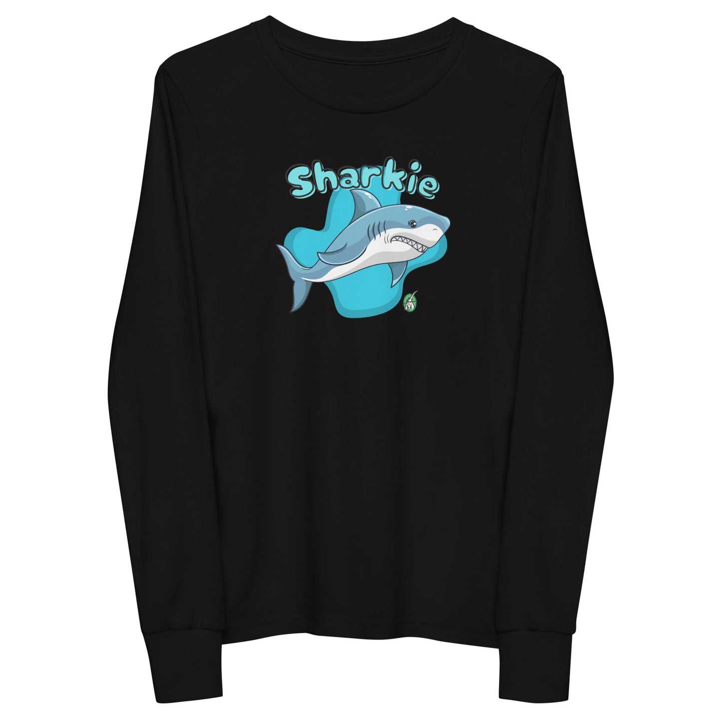 Kids' black long sleeve t-shirt with a printed graphic of a shark and the word, 'Sharkie'. Designed by Wizard Prints